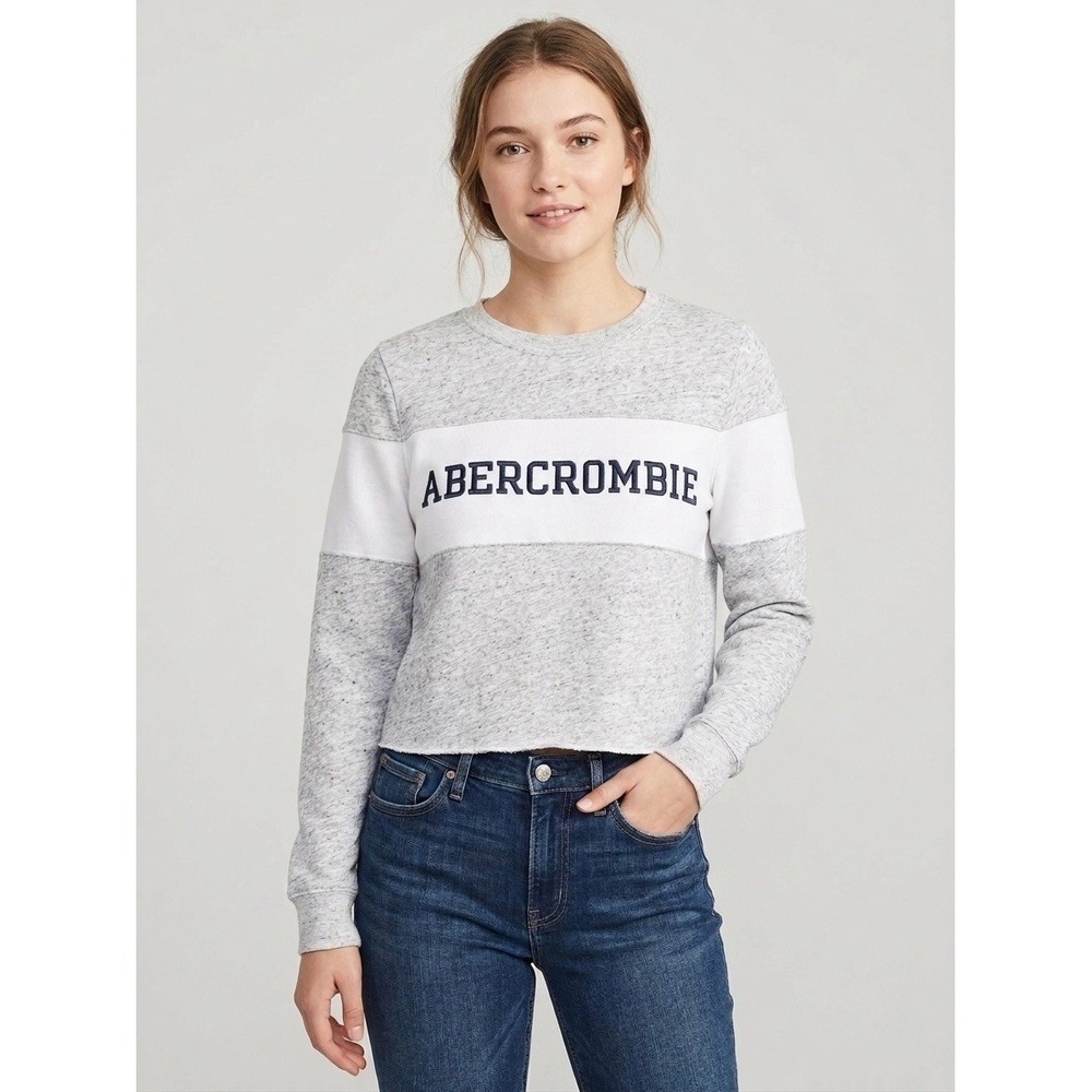 Abercrombie & Fitch Womens Grey White Logo Colorblock Cropped Sweatshirt Small